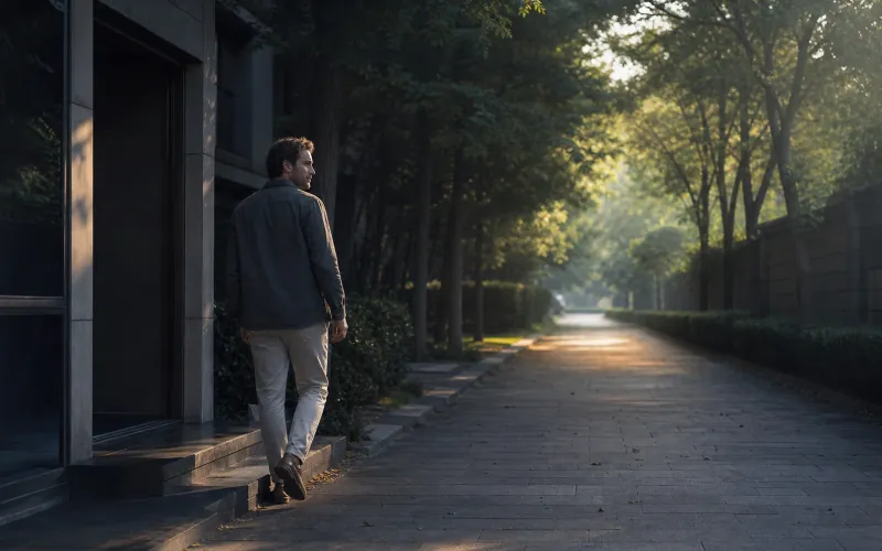 A person leaving the office, facing a career choice
